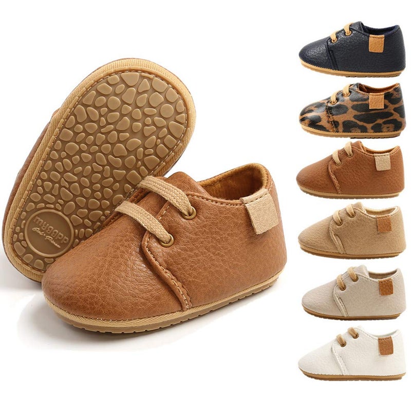 HsdsBebe Baby Boys Girls Oxford Shoes PU Leather Soft Rubber Sole Sneakers Anti-Slip Toddler Ankle Boots Infant Walking Shoes Moccasins(M1976 Brown,2) - Image 1